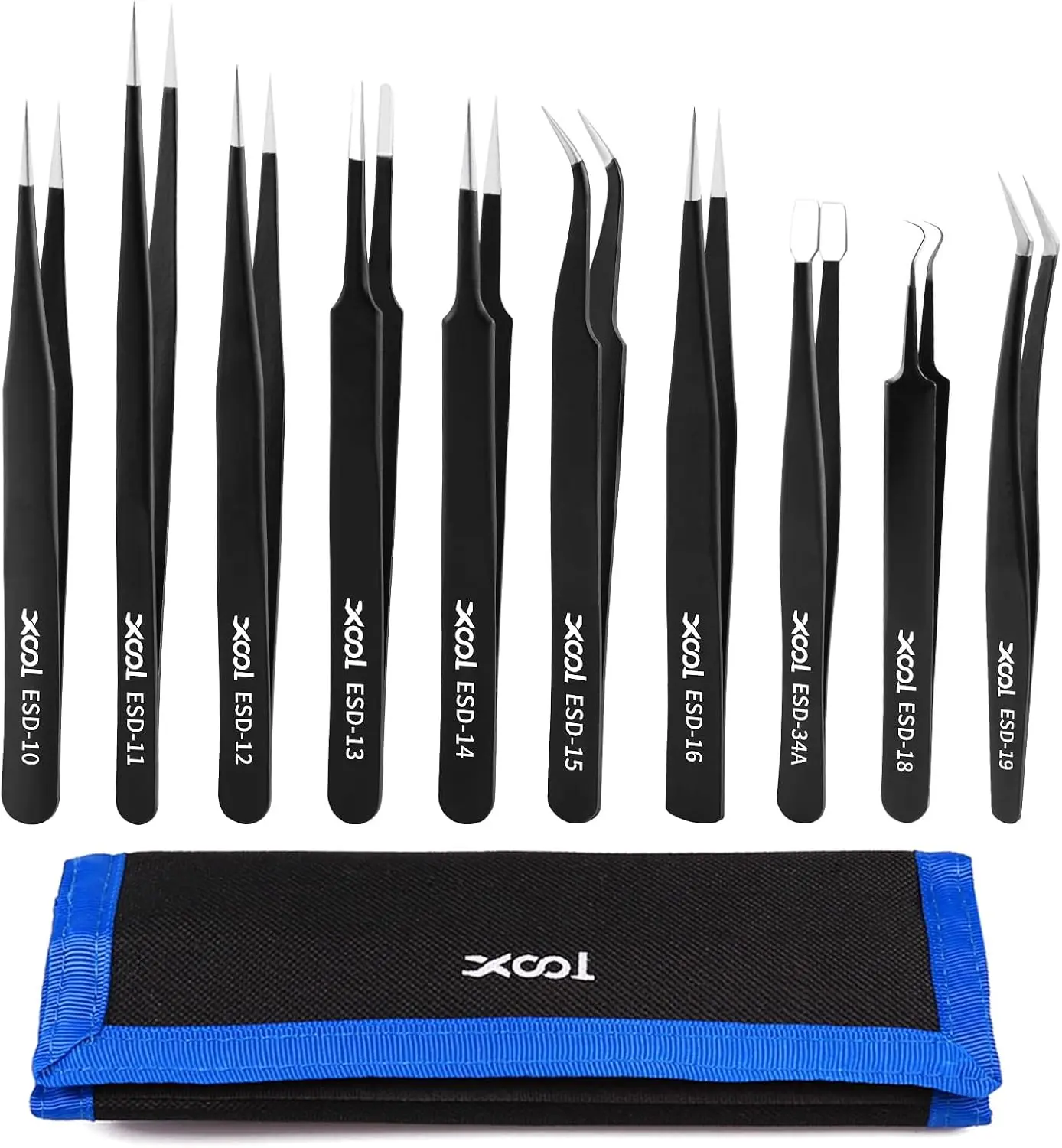 XOOL Anti-Static ESD Stainless Steel Precision Tweezers Set - 9 or 10 PCS Industrial Hand Tools for Electronics, Craft Projects