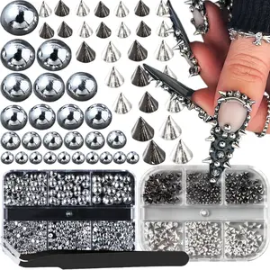 3D Metal Punk Nail Art Studs – Gold & Black Cone Spikes, Alloy Rivets, Steel Ball Jewels, Goth Nail Charms for DIY Manicure & Crafts Decorations (Mixed Sizes)