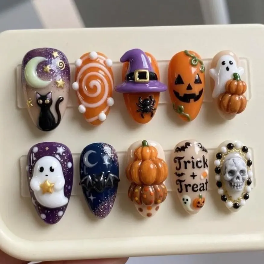 Trick Or Treat Halloween Press On Nails Set, 3D Pumpkin Witchy Hat & Ghost Hand Painted, Scary Night Cosplay, Gif For Her