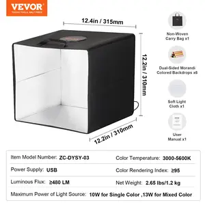 VEVOR Photo Studio Light Box, 12x 12, 3000-5600K Adjustable 3 Color Temperatures Professional Shooting Tent Kit with 120 LED 6 Double-Sided Color Backdrops, High CRI 95 for Small Size Products