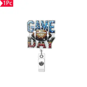 1PC Football "GAME DAY" Sparkling Powder Telescopic Work Card Clip Game Day Commuting ID Easy to Pull Buckle, Suitable for Nurses, Doctors, Offices, Teachers, Christmas, Halloween Gifts