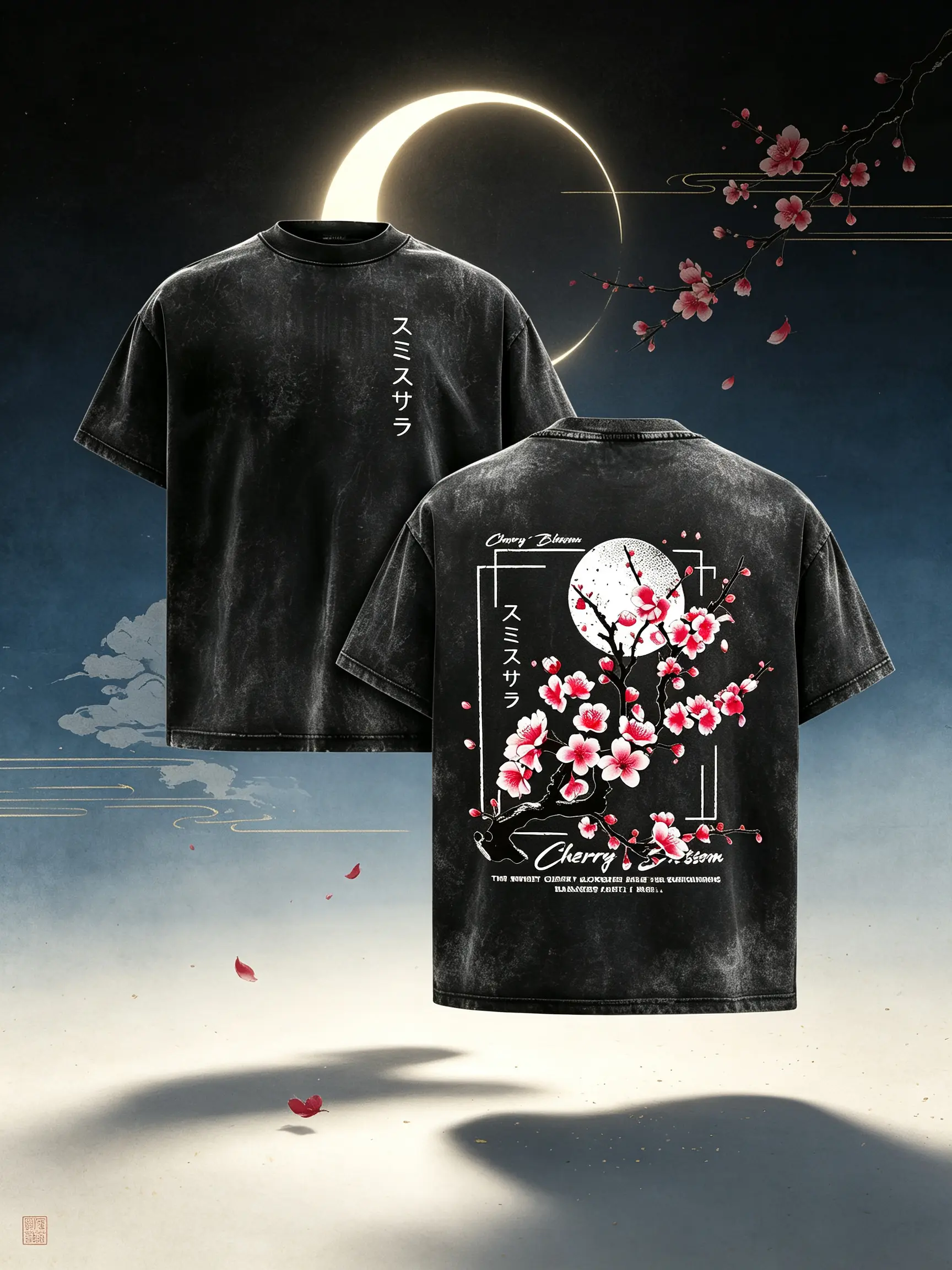 Men's 100% Washed Round Neck Shortsleeve Tshirt, Loose Knit Fabric with Cherry Blossom & Japanese Lettering Print, Casual Weekend Unisex Pink Graphic T Shirts, Acid Wash Streetwear Top (Spring Glowup, Summer Vibes)