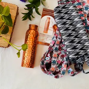 100% Pure Copper Water Bottle 1ltr Tumbler with Dhaka Fabric Carry Bags - Made in Nepal  1ltr