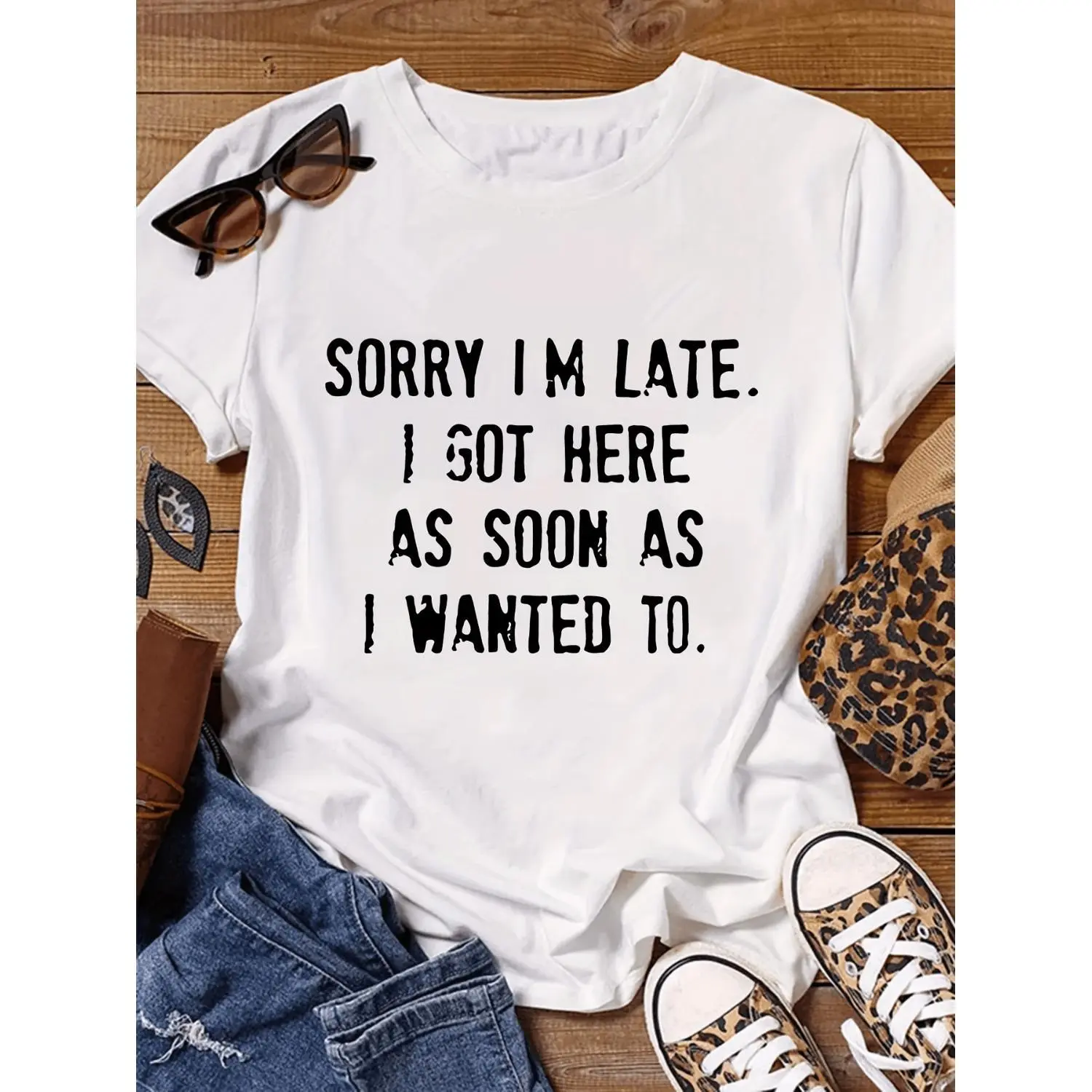 Sorry Im Late Letter Print Women's TShirt Casual Short Sleeve Crew Neck Top Daily Wear with Sorry I'll Late Quote for Latecomers and Humorous Gift