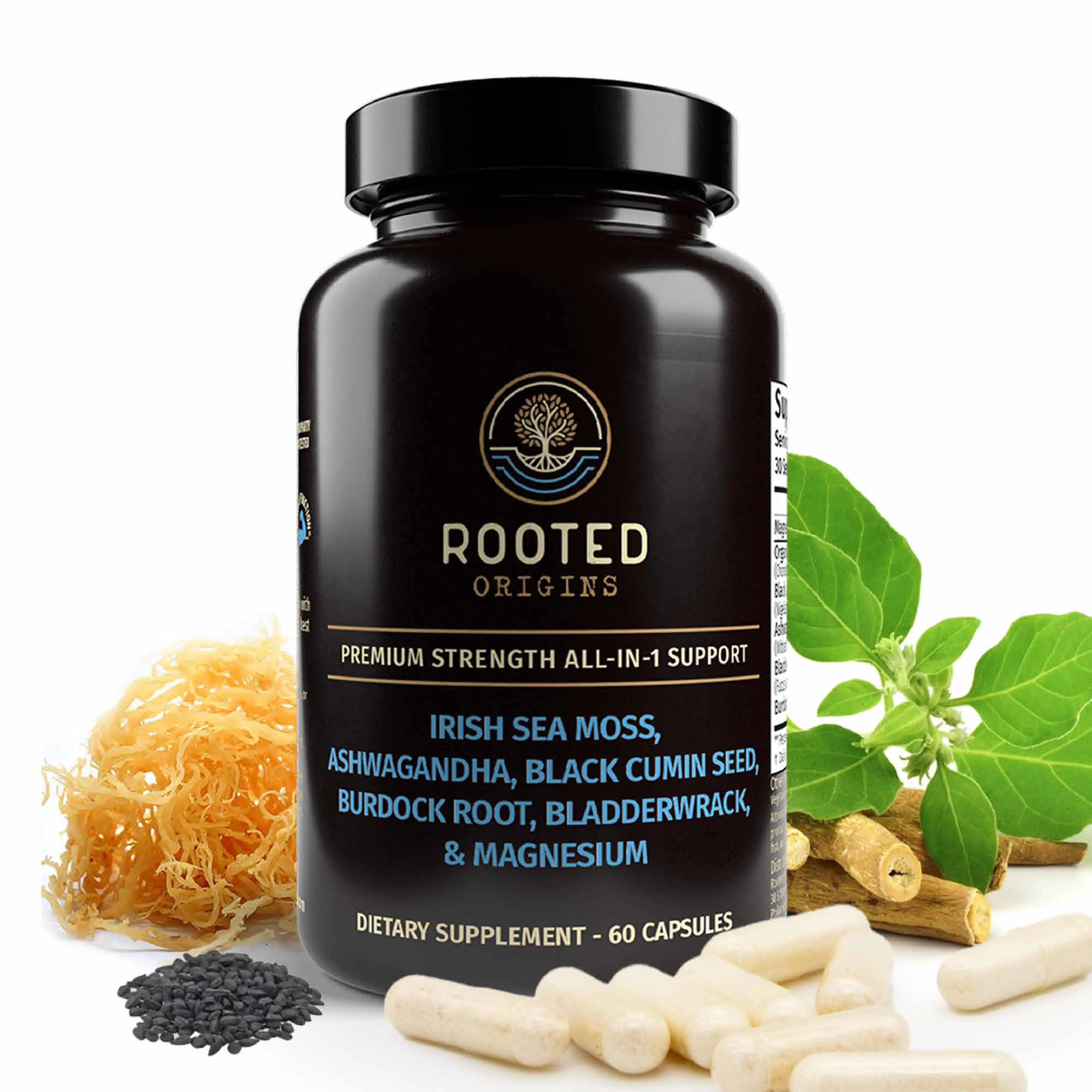 Rooted Origins Sea Moss Multimineral – All-in-One Dietary Supplement with Magnesium, Ashwagandha, Black Cumin Seed, Burdock, Bladderwrack – 60 Capsule