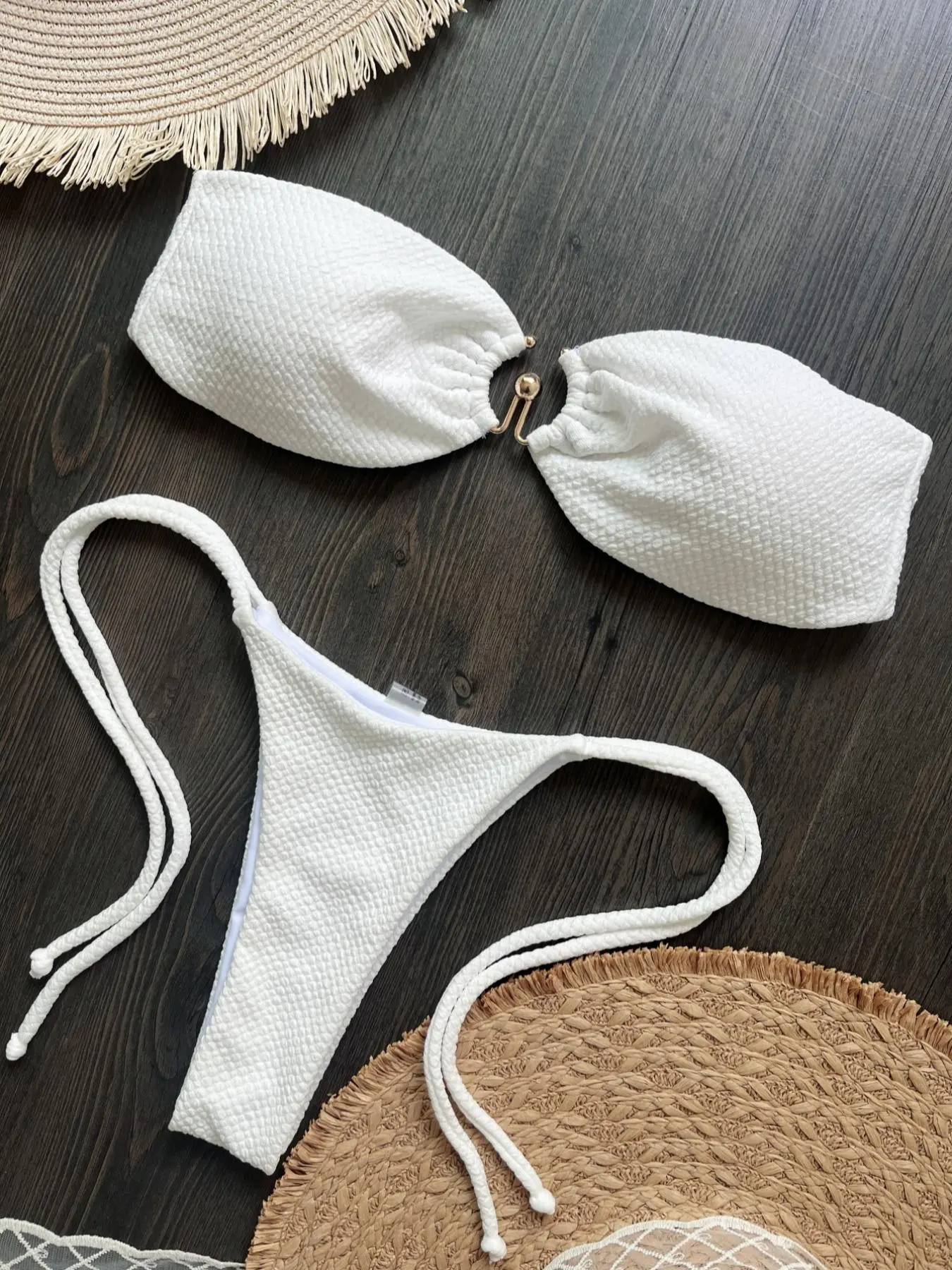 Women's Solid Bandeau Swim Bra & Tie Side Swim Panty Bikini Set, Casual Fashion Chic Swimwear Set for Beach Holiday Vacation, Ladies Swimsuit for All Seasons, Swimsuit Style Bikini, Plain Bikini Set, Summer Swimsuits, Swim Sets, Bikini Outfits