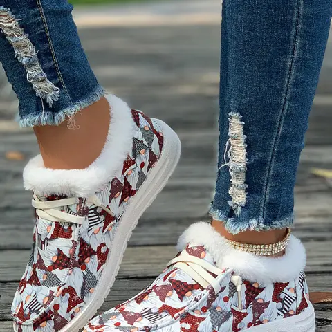 Women's Winter Warm Snowman Print Casual Shoes, Fleece Lined Ankle Boots, Cute Style Lace-Up Footwear for Fall & Winter, Furry Boots