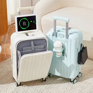 Laptop combination lock trolley case, 22/24-inch front opening vertical pickup luggage with USB power port and cup holder design