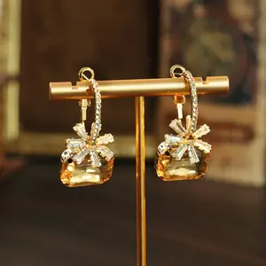 $19.99 Shipping Included| 14K Gold Plated Champagne Crystal Drop Earrings for Women, Sparkling Flower Baguette Zircon Hoop Earrings, Hypoallergenic 925 Sterling Silver Post, Luxury Dangle Earrings for Wedding Party Prom, Elegant Fashion Jewelry Gift