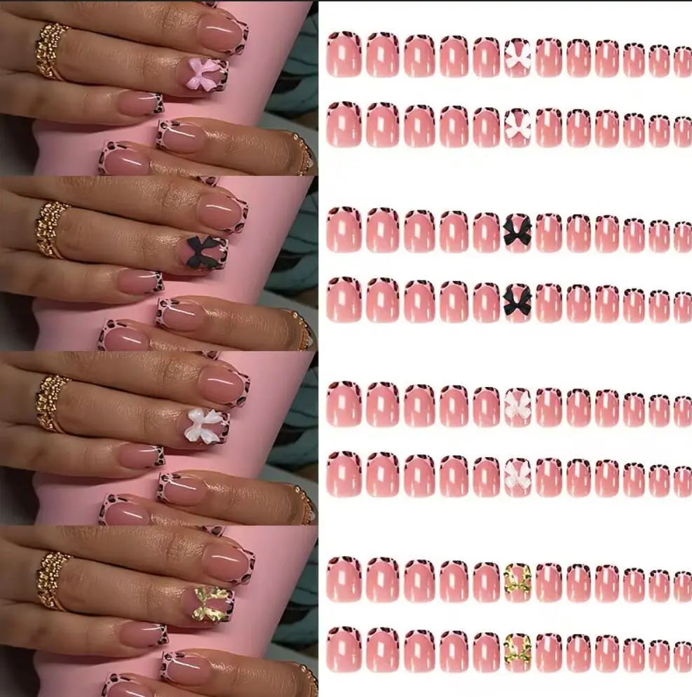 96Pcs/box Pink Leopard Print Short Square False Nails 3D Bowknot Acrylic Full Cover French Fake Nails Wearable Press On Nails