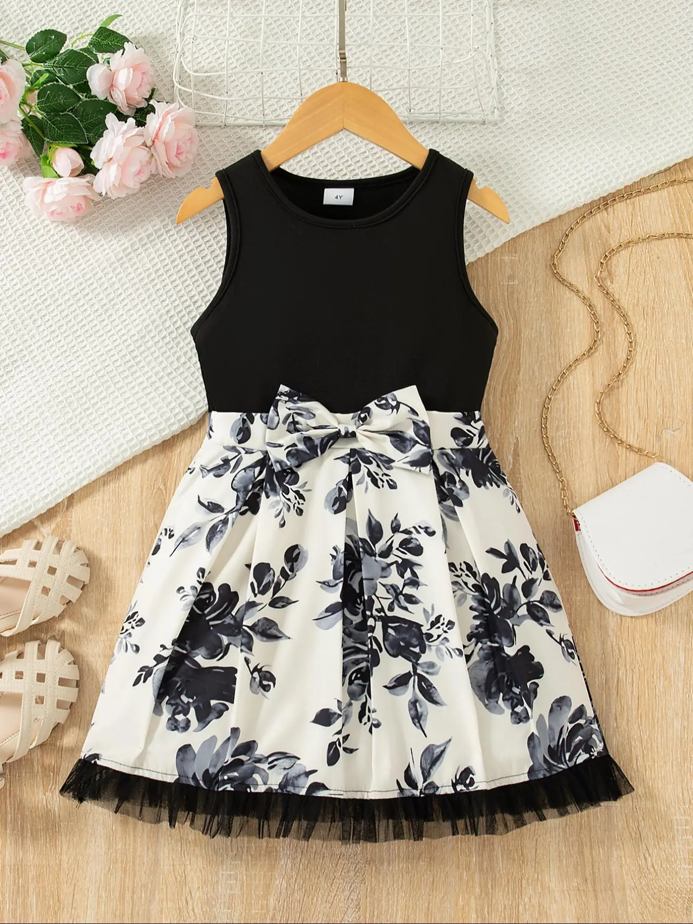 Girl's Floral Print Bow Decor Tank Dress, Casual Sleeveless Round Neck A Line Dress for Summer, Kids Clothes for Daily Wear
