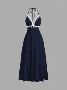 Women's Long Dress with Unique Design, Shell and Sequin Trim, Perfect for Ethnic Style, Beach Vacation, Parties, Travel
