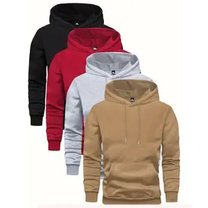4 Pcs Men's Solid Color Hoodie - Soft, Breathable, Casual Long Sleeve Hooded Sweatshirt with Kangaroo Pocket for Outdoor Activities, Daily Wear, and Travel - Comfortable, Relaxed Fit  Peng Polyester Tops Fabric Knit