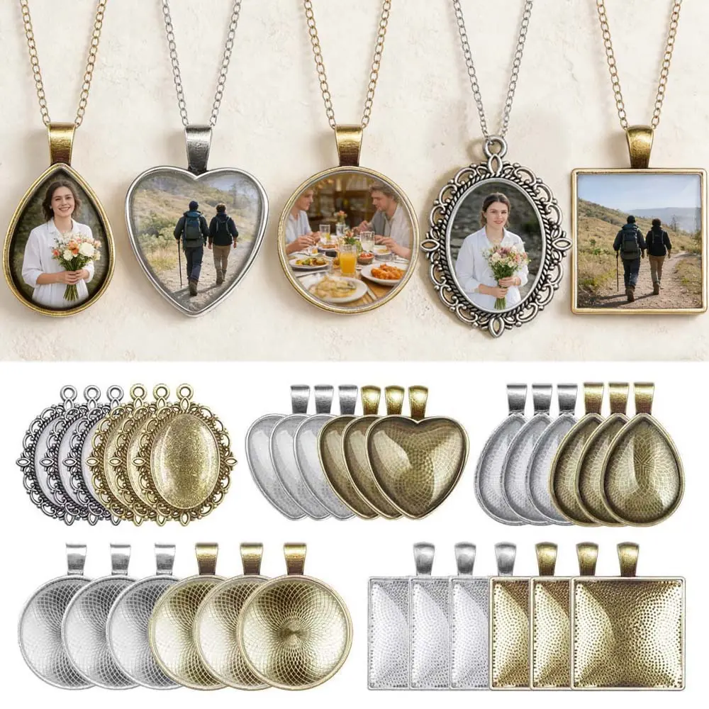 60 Pcs Pendant Trays with Glass Convex Cabochons – 30   Alloy Bezel Settings + 30 Clear Glass Dome Tiles for DIY Jewelry Making, Photo Pendants, Resin Crafts, Cameo, Necklace Charms – Mixed Shapes Round Oval Square Heart – Great for Beginners & Crafters