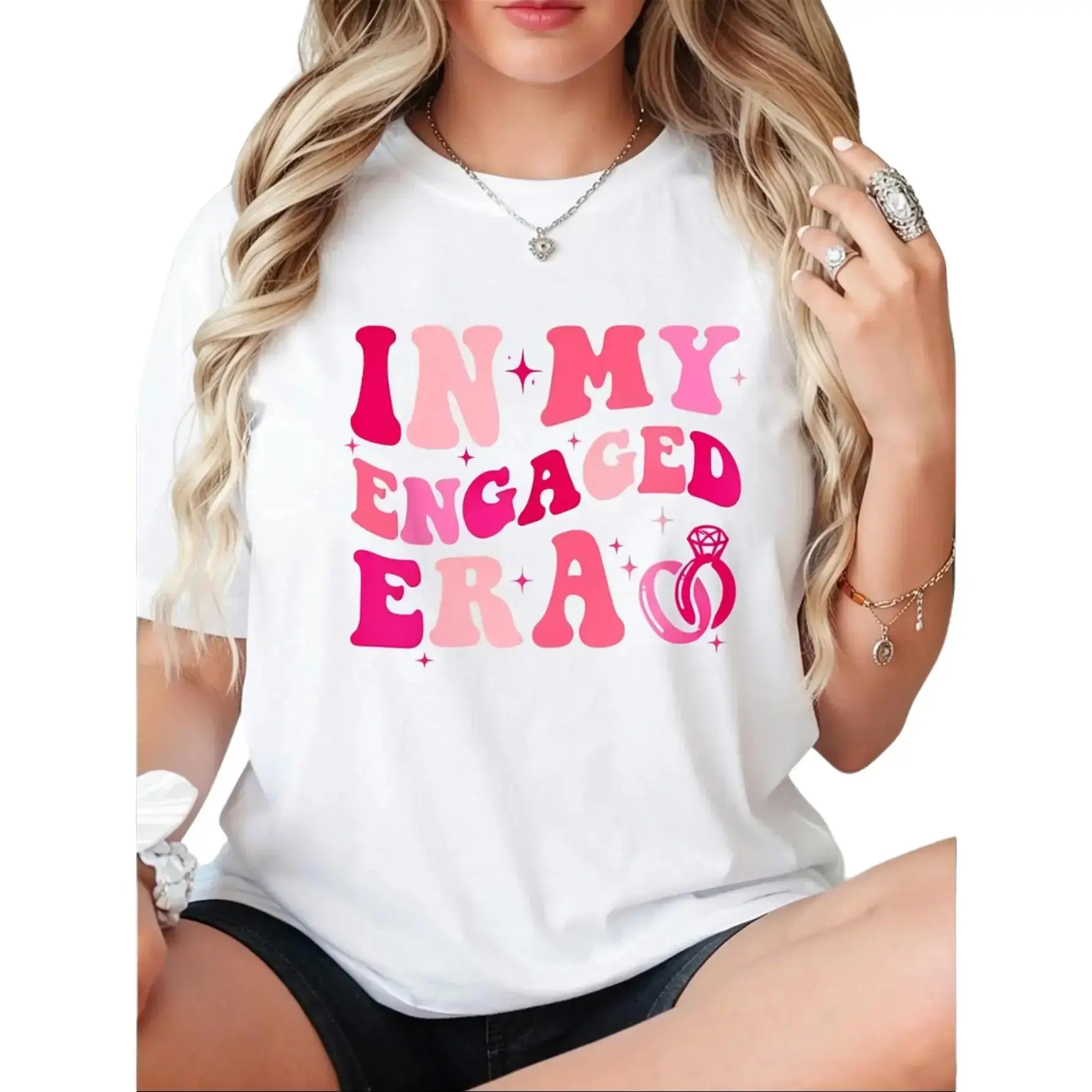 100% Cotton In My Engaged Era Fiance Engagement Bachelorette Party T-Shirt Casual Tops