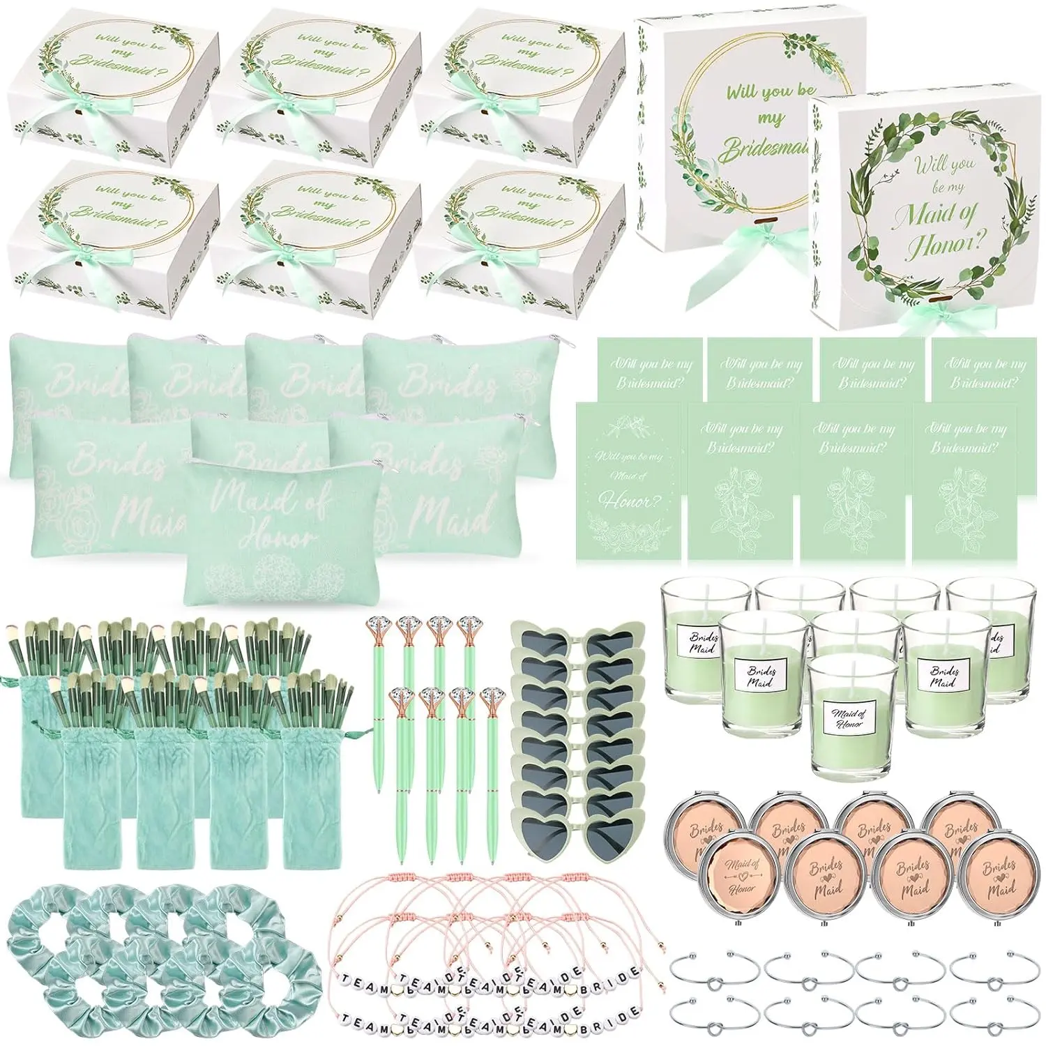 88-Count Bridesmaid Proposal Gift Set - Bridal Shower, Wedding & Party Favor for Daughter, Includes Box, 8 Handmade Candles, Invitation Cards, Scrunchies, Hair Elastics, Knotted Bracelets, Machine-Washable Pens (Green, Modern), Bridal Shower Gift