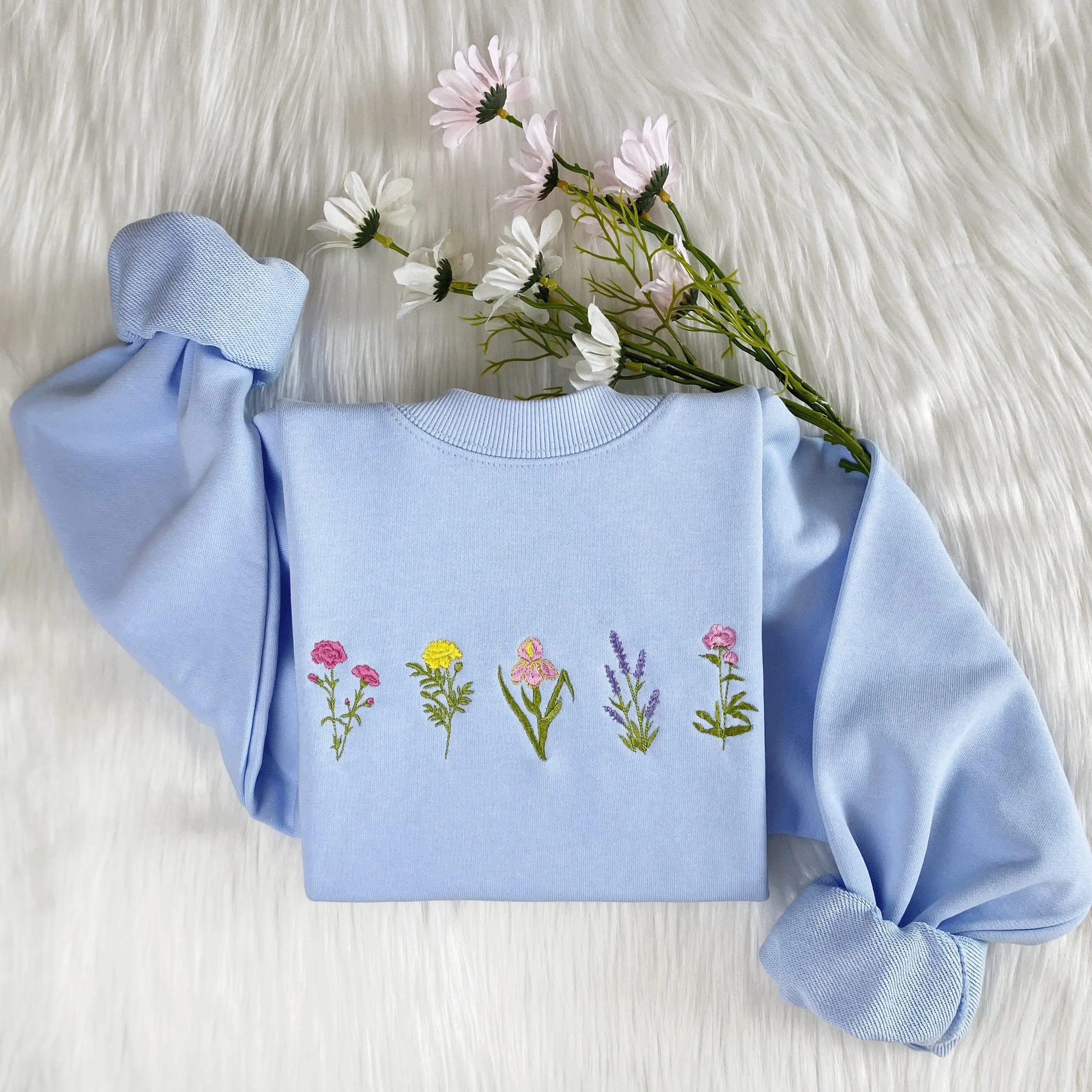 Wildflower Embroidered Sweatshirt | Pinky Flower Embroidered Hoodie | Lavender T-shirt | e Embroidered Flower Crew Neck Sweatshirt