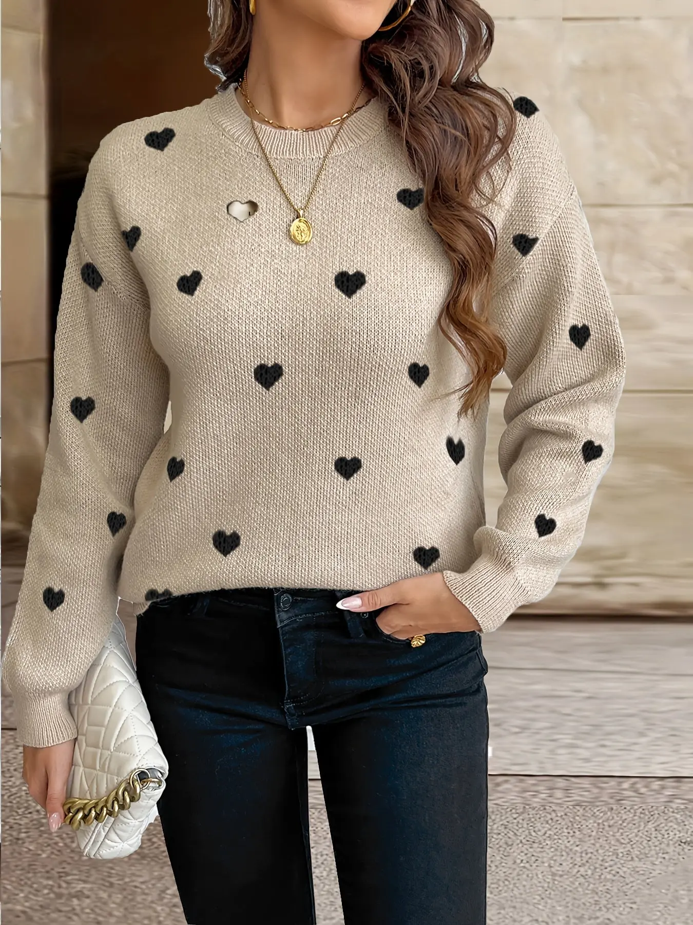 Women’s Heart Pattern Knit Sweater – Pink Polyester – Crew Neck Pullover for Fall & Winter