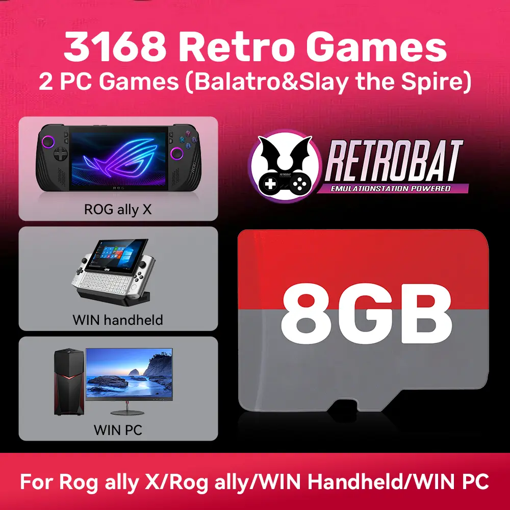 8GB Game TF Card with 3168 Retro Games&2 PC Games For Rog Ally/Rog Ally X/GPD WIN4/LEGION GO/WIN PC&Laptop Plug&Play Gaming Card For GBA/N64/NES/SNES