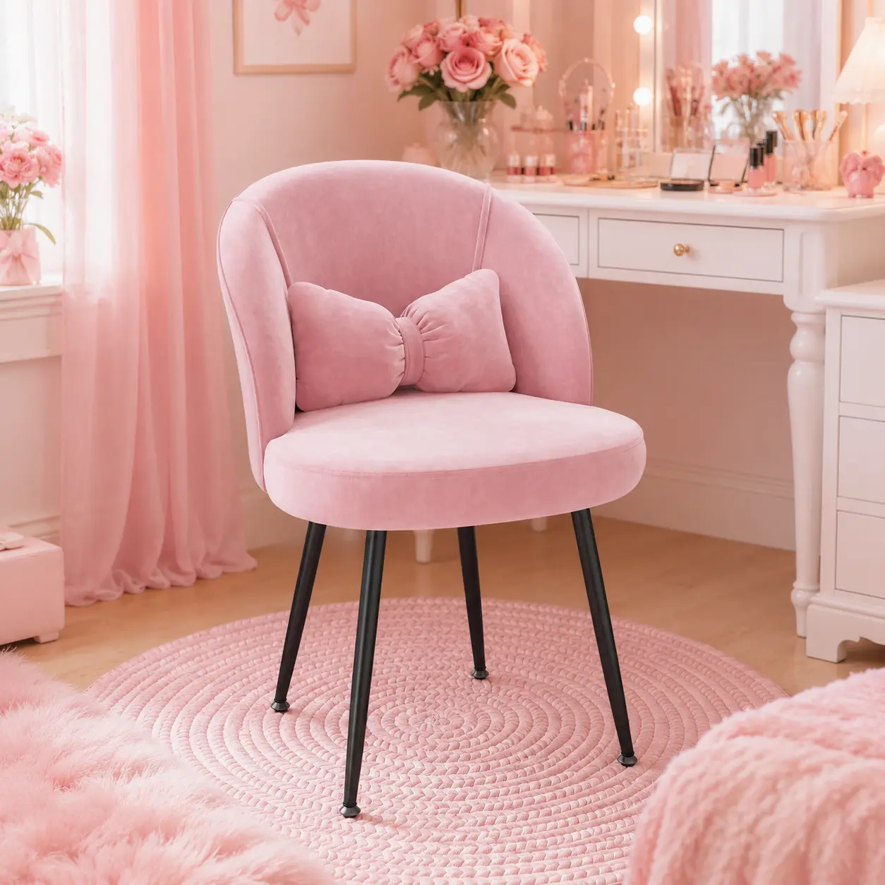Raybee Cute Velvet Makeup Vanity Chair, with Gift Lumbar Support Pillow & Comfy Ergonomic Curved Backrest, Pink Space-Saving Armless Accent Desk Chair, Skin-Friendly Soft Upholstered Chair for Living Room, Dorm, Study Room, Bedroom Office #Backtoschool
