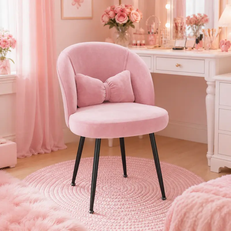 Raybee Cute Velvet Makeup Vanity Chair, with Gift Lumbar Support Pillow & Comfy Ergonomic Curved Backrest, Pink Space-Saving Armless Accent Desk Chair, Skin-Friendly Soft Upholstered Chair for Living Room, Dorm, Study Room, Bedroom Office #Backtoschool