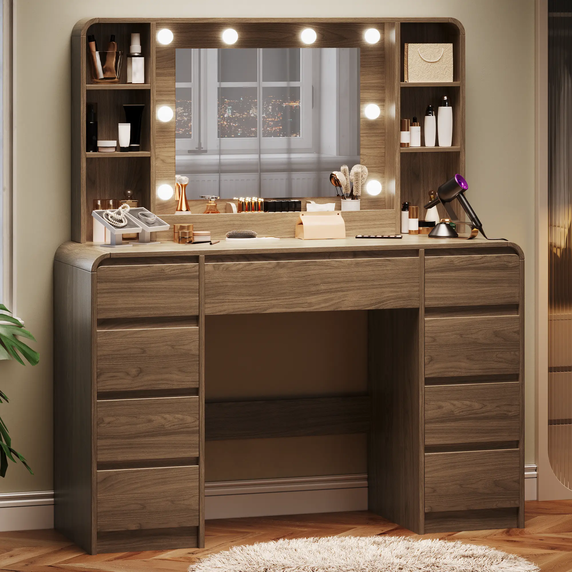 TOKSOM 44.8"Makeup Vanity Desk with Mirror and Lights,Vanity Desk with 9 Drawers & Storage Shelves,Vanity Table with Power Outlet,3 Color Modes & Adjustable Brightness Dressing Table,Bedroom,White/Black/Walnut