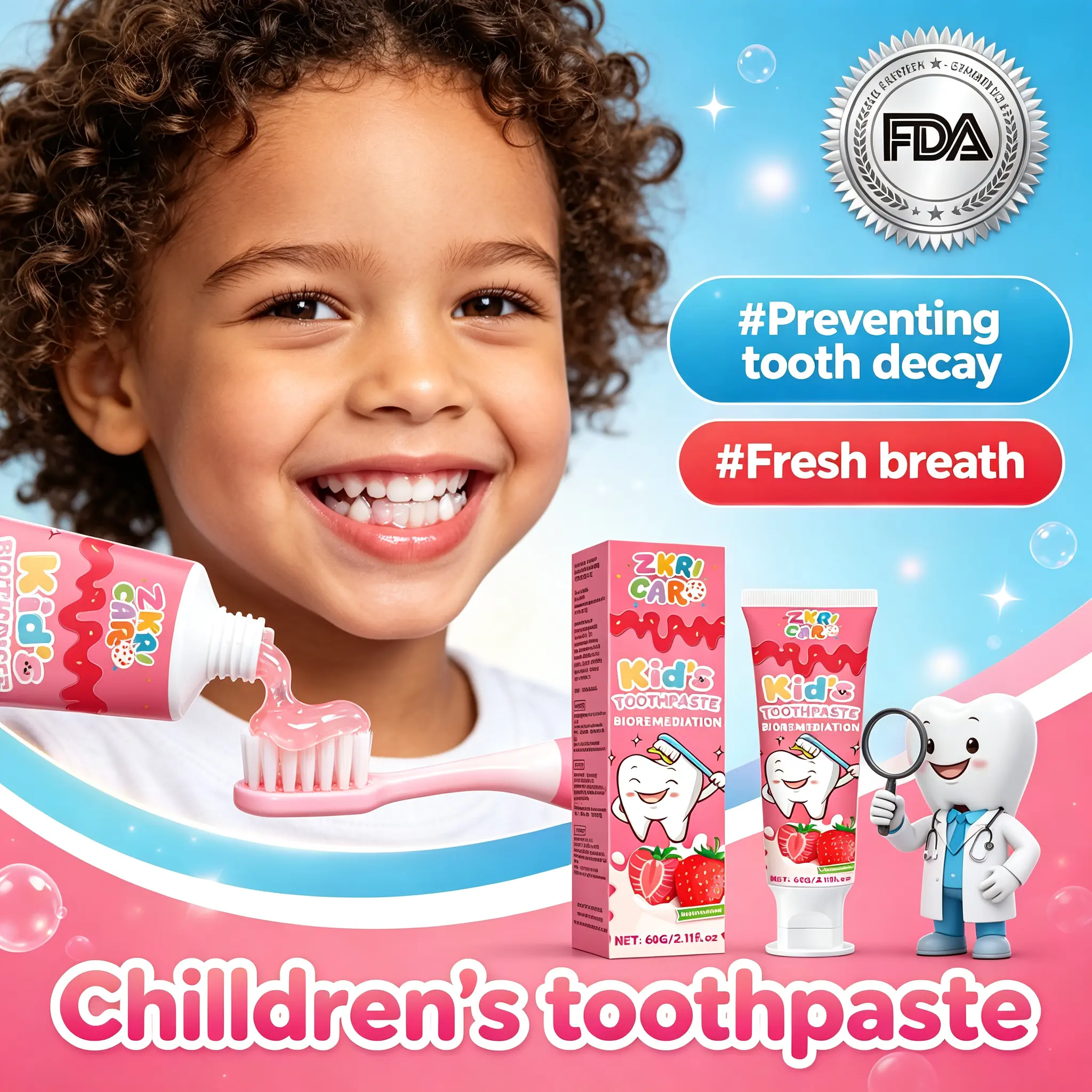ZKRICARO Kids Anti-Cavity Toothpaste, Bioremediation Formula to Remove Cavities & Relieve Toothache Fast, 100% Natural Strawberry Flavor, Best Children Enamel Protection, Toddler Teeth Cleaning Hack, Fresh Breath Foam Foaming Gentle Oral Radiant Whitening