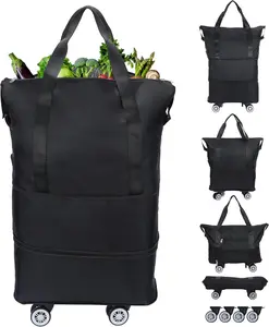 Reusable Grocery Bag on Wheels Shopping Bag, Detachable Roller Tote Bag, Luggage Bag, Hulken Bag, used for Shopping, Camping, Traveling, Giving Gifts to Friends, Large Capacity, Black