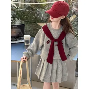 (New)Girls' Preppy Two-Piece Set |       Grey Crew Neck Top with Alphabet Print and Maroon Tie, Flared Pleated Skirt |       Ideal for Daily Wear and School Activities, Spring/Fall Season