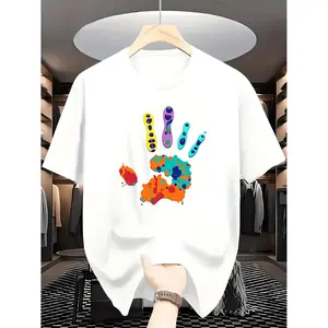 White Short Sleeve T-Shirt with Colorful Handprint Art Design | Casual Daily Wear, Street Style Fashion Top, Crew Neck