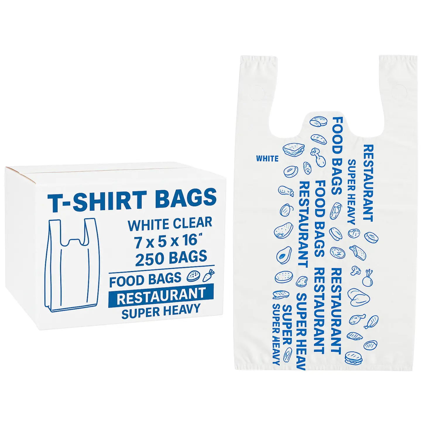 Restaurant Takeout Bags – 7x5x16 in – 250 PCS – Heavy Duty Plastic T-Shirt Bags