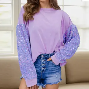 Women's Casual Shiny Sequined Stitching Long Sleeve Pullover Round Neck Sweatshirt in Polyester Fabric Fitted Crewneck Tops for Spring Fall Everyday Wear Solid Womenswear