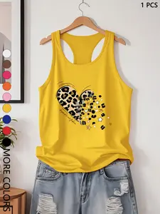 Women's Casual Fitted Heart Pattern Sports Top, Outdoor Yoga Vest, Denim Tank, Trendy Floral Design, All Seasons Wear, Yoga Workout Vest