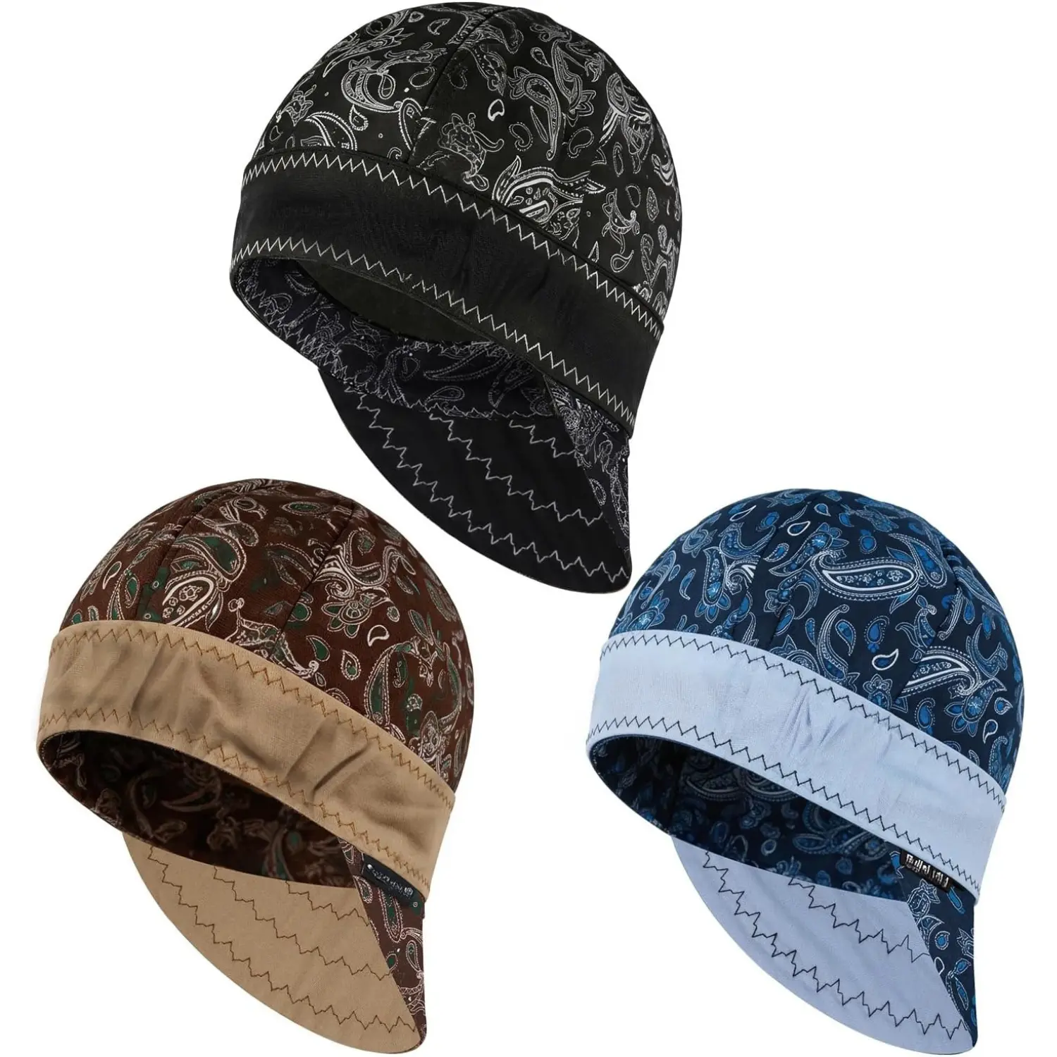 3PCS Reversible Welding Caps for Men Women 100 Percent Cotton Paisley Print Welders Hats with Elastic Band Lightweight Breathable Double Sided Work Caps for Construction Electricians Mechanics Industrial Workers and Outdoor Use