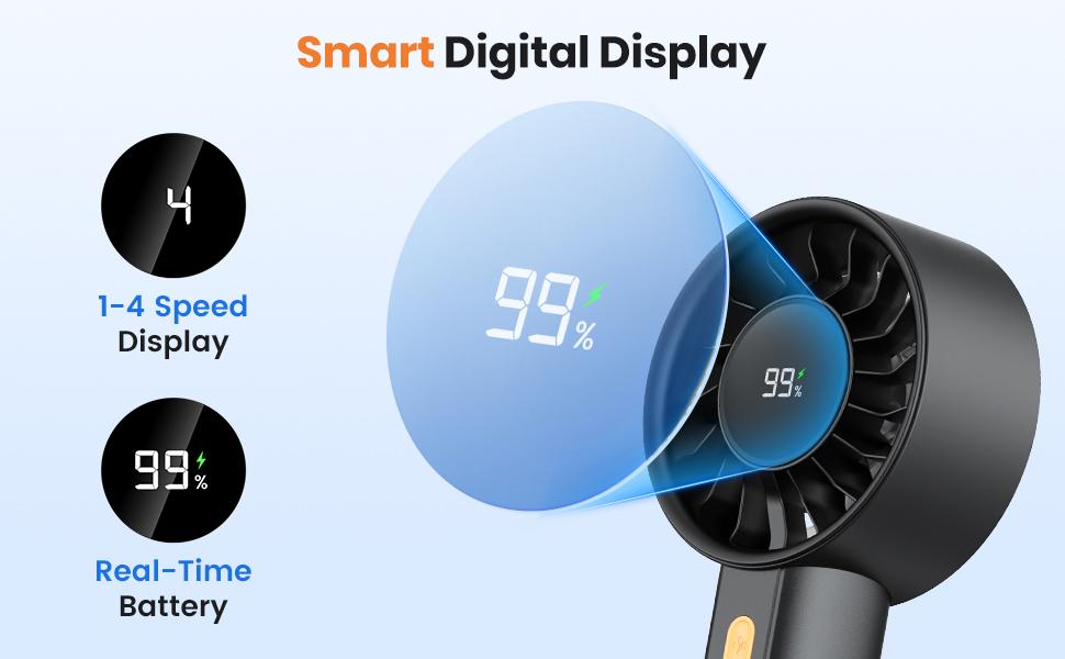 Warmco Portable Handheld Fan Rechargeable, 5000mAh Turbo Personal Mini Desk Fan , 4-Speed, Battery Powered Cool Fan with LED Display and Base, Pocket Size for Office and Travel and Makeup