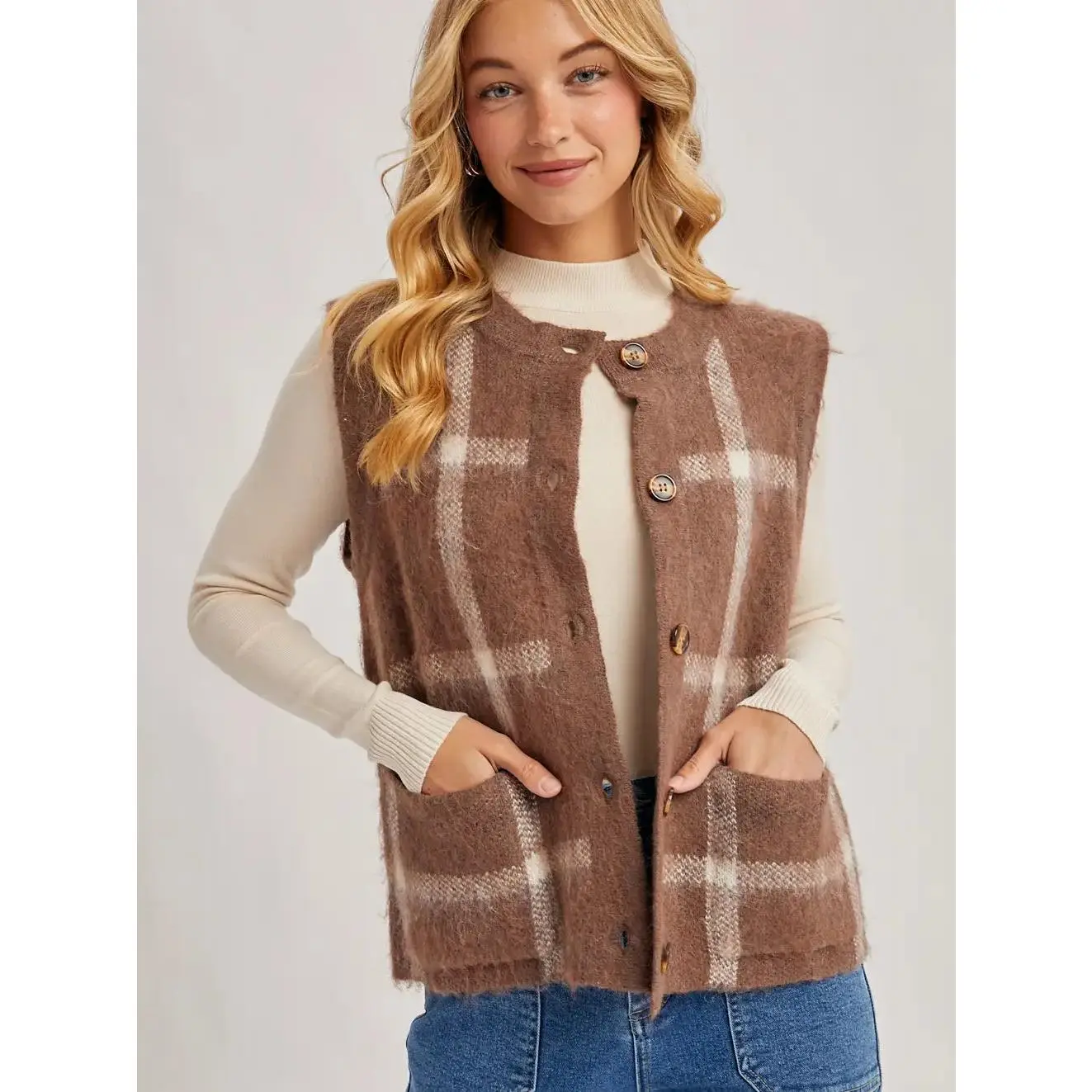 Plaid Fuzzy Knit Sweater Vest
