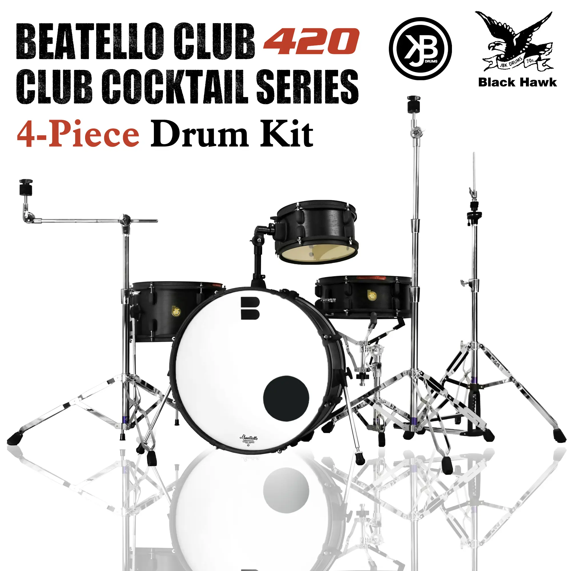 Beatello Club-420 Cocktail Series 4-Drum Set Compact Professional-Grade Drums, Portable Performance Fit Design. Space-Saving Assembly for Small Venues and Practice Rooms