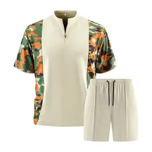 Men's camouflage patchwork stand collar casual set short sleeves + shorts two-piece set