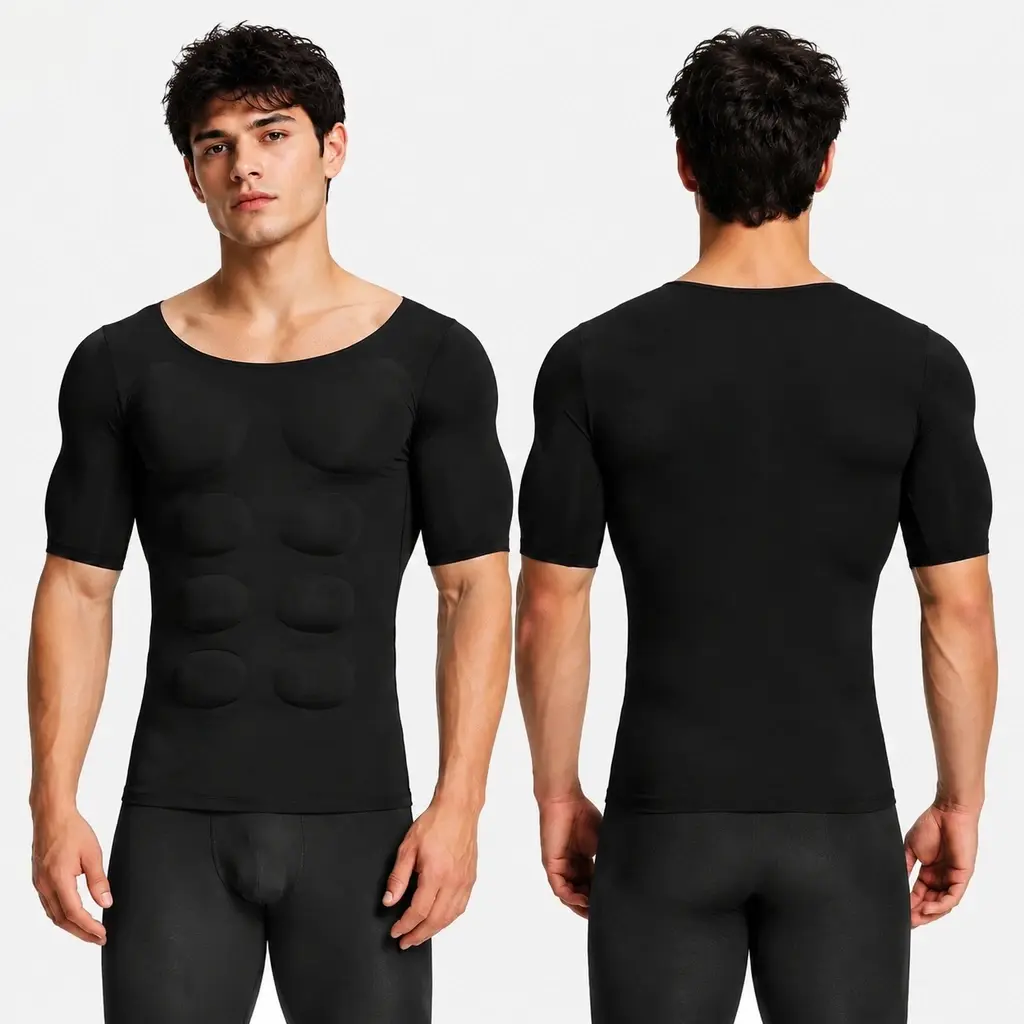 Men's Fake Abs T-Shirt, Plain Seamless Muscle Enhancing Top with Removable Pads, Light Compression Body Shaper for Everyday Wear or Cosplay