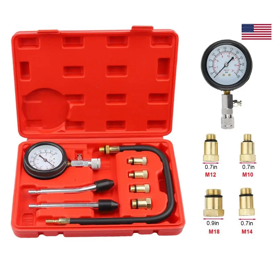 Automotive Cylinder Compression Test Tool Kit, 8 Piece Gas Engine Compression Tester, M10/M12/M14/M18 Adapters, Heavy-Duty Gauge for Trucks Motorcycles & Gas Power Equipment Vehicle Diagnostic Tool