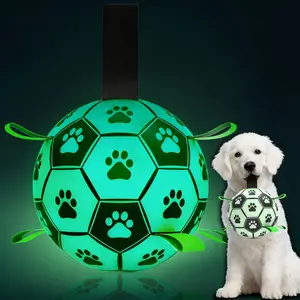 Glow-in-the-Dark Interactive Dog Toys - Soccer Ball with Rope Straps, pet interactive toy ball for Medium/Small Dogs, Tug of War & Outdoor Fetch Game, Floating Water Toy, Puppy Birthday Gifts (6 Inch)