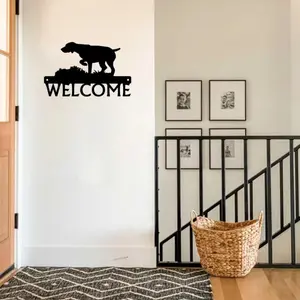 German Shorthaired Pointer Pattern Welcome Sign, Vintage Metal Sign, 1 Count Dog Silhouette Wall Decor, Wall Hanging Decor for Home Living Room Bedroom, Hangable