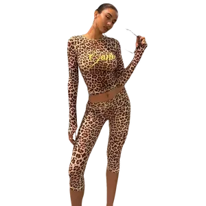 2026 New Arrival Leopard Letter Print Crop Top + Slim Fit Capri Pants Set Fashion Streetwear Leopard Print Crop Top & High Waist 7/10 Leggings Set Women Sexy Casual 2 Piece Outfits Sexy Leopard Two Piece Set for Women Crop Top & Bodycon 7/10 Trousers