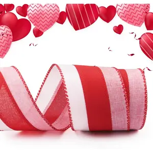 Valentine's Day Wedding Ribbons for Wreath Bows, 2.5" Striped Pattern Wired Edge Ribbons Red Pink Burlap Ribbons for Crafting Anniversary Decorations Spring Party Supplies