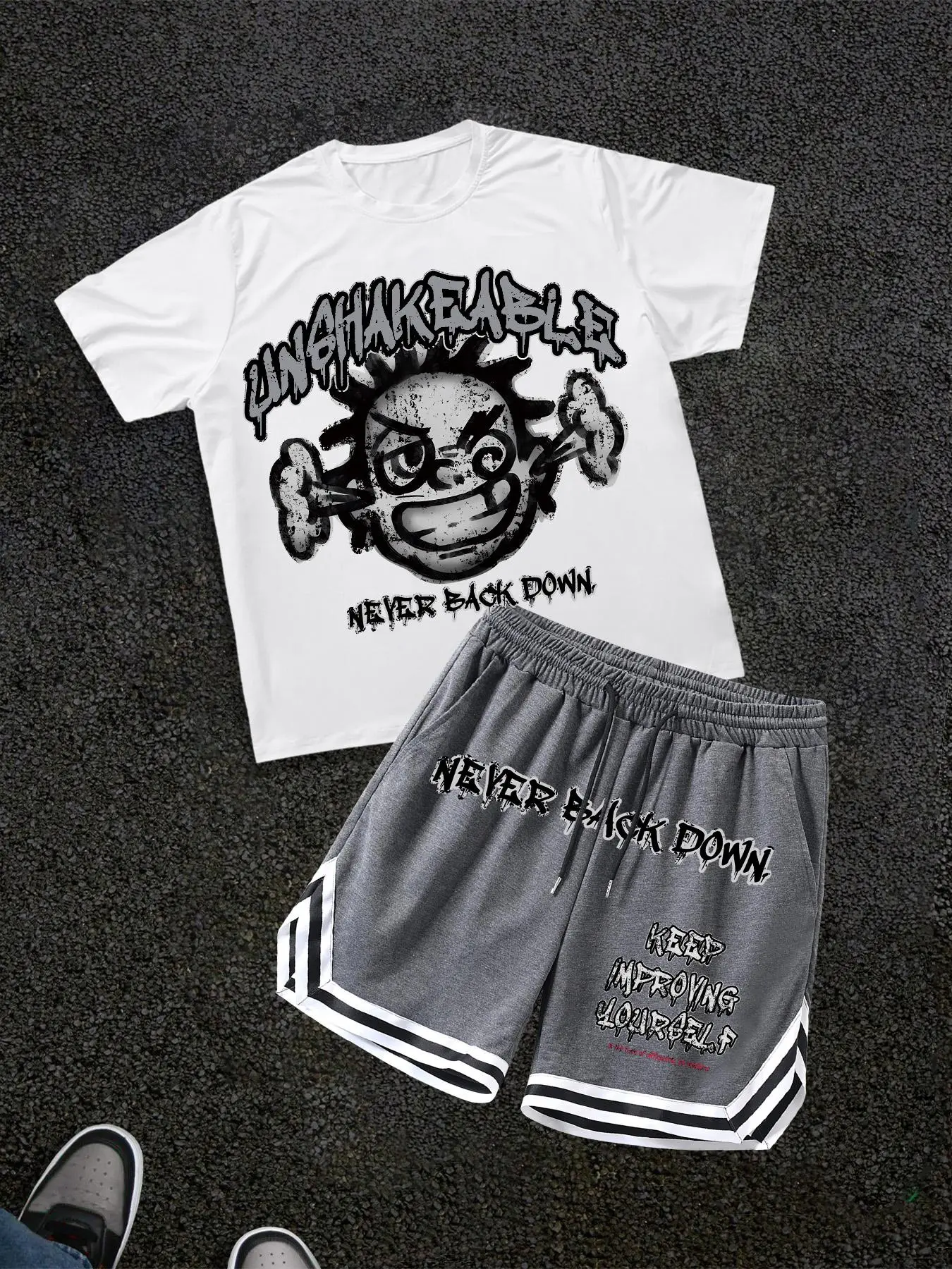 Two-piece Set Men's Letter Print Short Sleeve Tee & Slogan Print Boxer Briefs Set, Loose Crew Neck T-shirt & Track Shorts, Casual Summer Clothes for Outdoor, Activewear, Matching Clothing Set