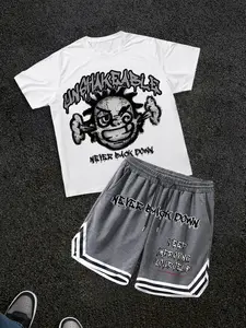 Two-piece Set Men's Letter Print Short Sleeve Tee & Slogan Print Boxer Briefs Set, Loose Crew Neck T-shirt & Track Shorts, Casual Summer Clothes for Outdoor, Activewear, Matching Clothing Set