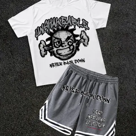 Two-piece Set Men's Letter Print Short Sleeve Tee & Slogan Print Boxer Briefs Set, Loose Crew Neck T-shirt & Track Shorts, Casual Summer Clothes for Outdoor, Activewear Shorts Sets, Activewear