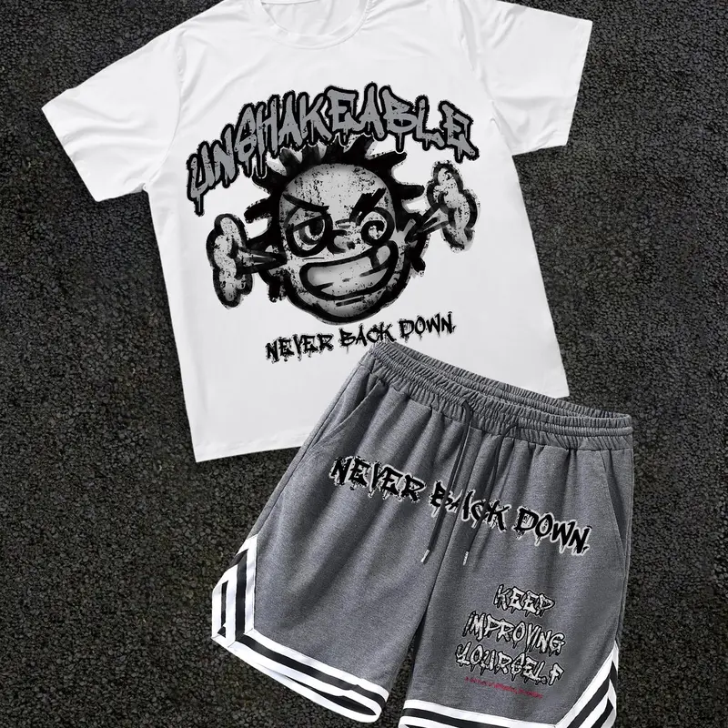 Two-piece Set Men's Letter Print Short Sleeve Tee & Slogan Print Boxer Briefs Set, Loose Crew Neck T-shirt & Track Shorts, Casual Summer Clothes for Outdoor, Activewear Shorts Sets, Activewear