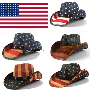 Summer Classic American Flag Cowboy Hats For Men Wide Brim Usa Cowgirl Chapeau Homme Cap Usa Flag Straw Cowboy Hat Dropshipping