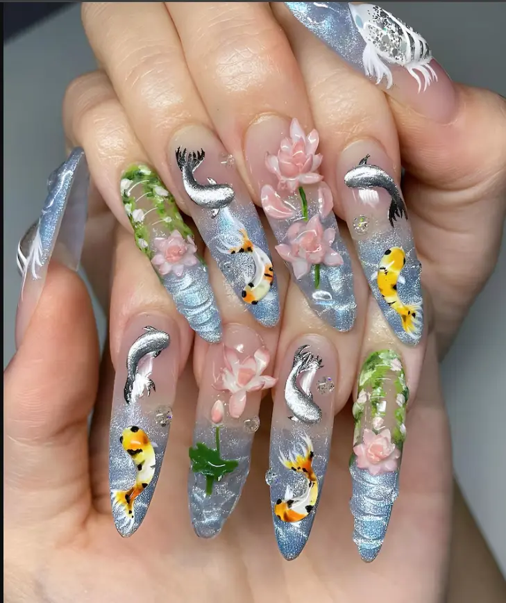 Blue Koi Lotus Press On Nails, 3D Fish Floral Stiletto Fake Nails, Silver Glitter Water Garden Design, Reusable Full Cover Nail Set, Handmade Elegant Asian Inspired Manicure Gift for Women, Summer Statement Nails USA